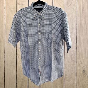 Britches Mens‎ White/Navy Plaid Madras Cotton SS Casual Button-up Shirt Size L